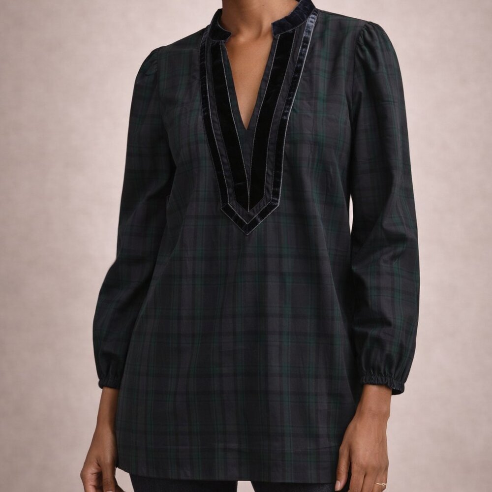 J. Crew Velvet Trim V-Neck Tunic Black Watch Tartan Plaid Navy Green XS